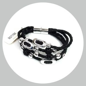 Silver Beaded Black Rope Bracelet